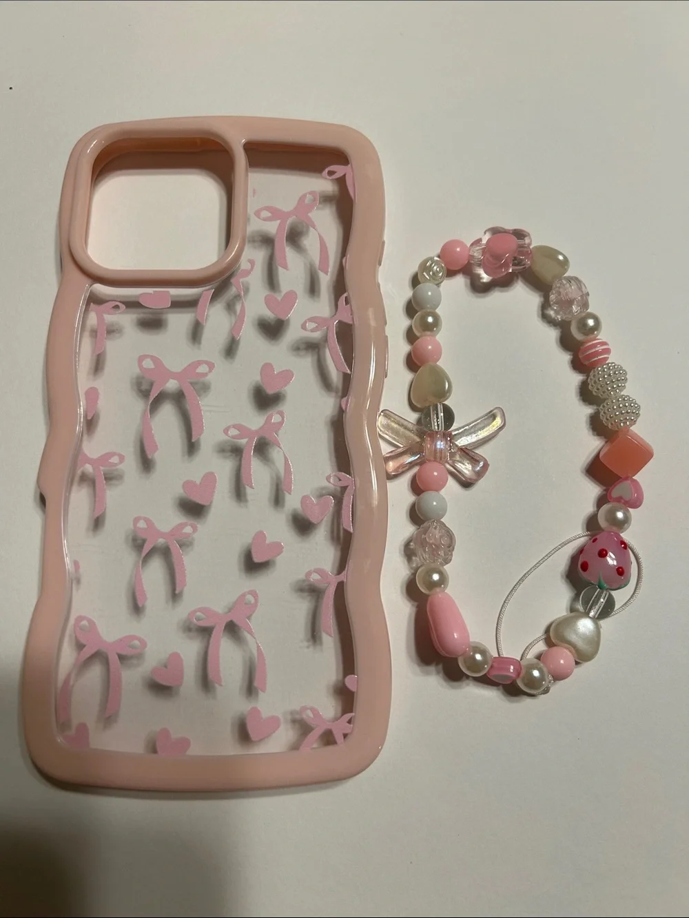 Pink Bow & Heart Clear Phone Case with Beaded Charm I phone 16 Pro max